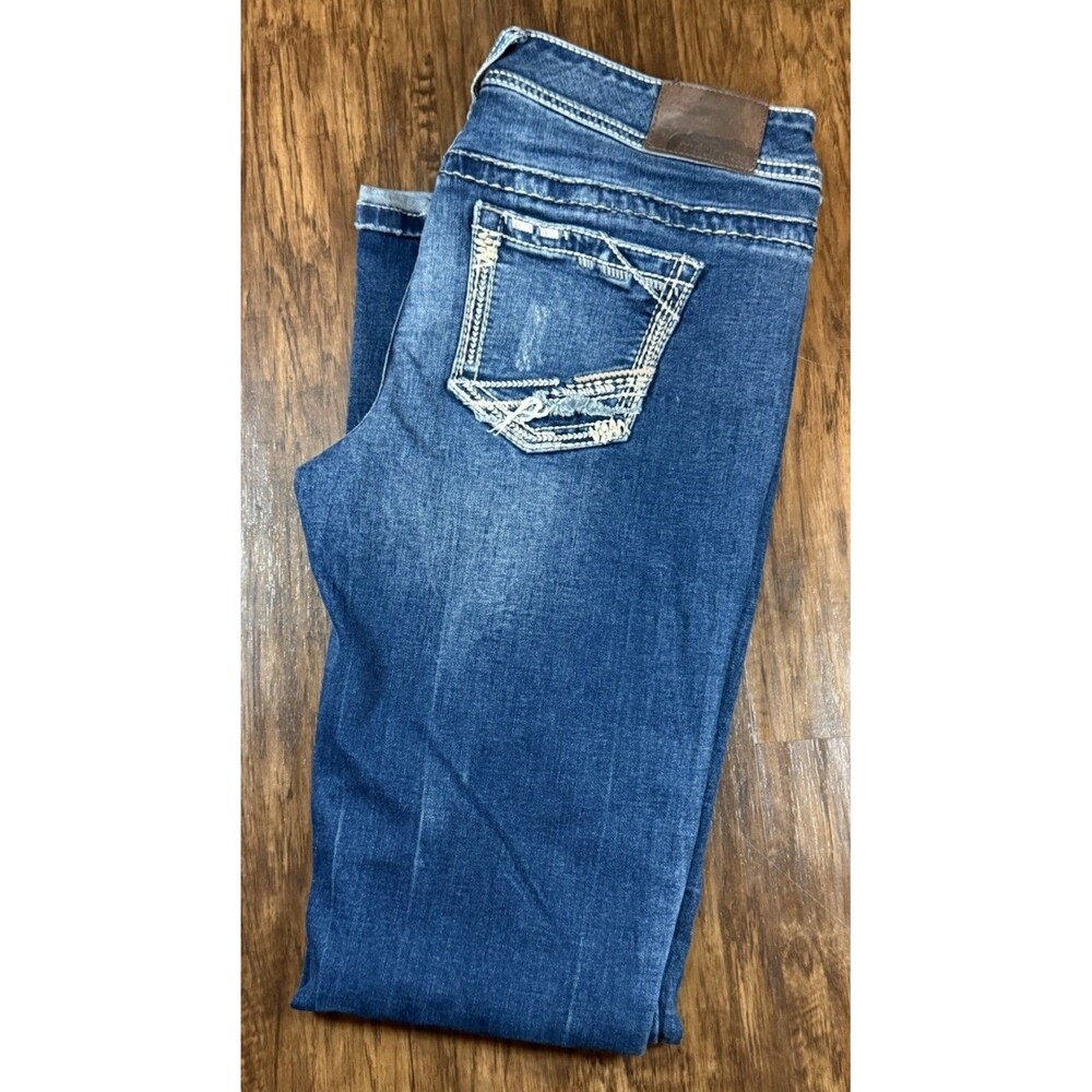 Maurice’s Women’s Jeans 7/8 Dark Wash Distressed Heavy Stitching